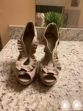 Elle Crème Blush Pink Ruffle Peep-Toe Platform Heels